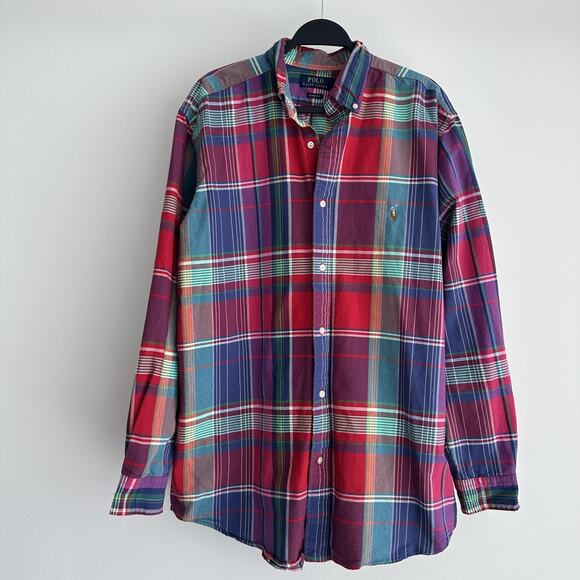 Polo Ralph Lauren Shirt Mens Large Tall Red Blue Plaid Oxford Check Classic Fit - Picture 1 of 15